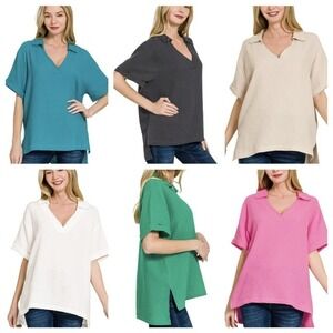 Zenana Double Gauze Tunic  Off White New Collared V-Neck Short Sleeve Top Med